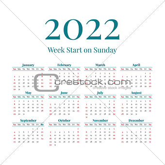 Simple 2022 year calendar