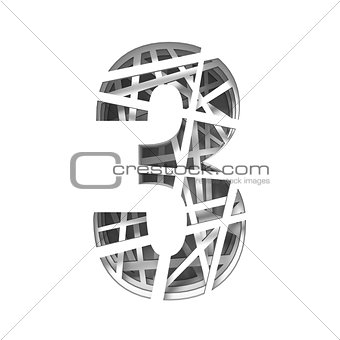 Paper cut out font number THREE 3 3D