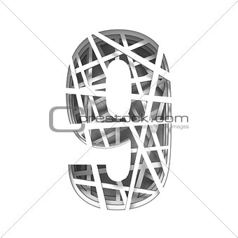 Paper cut out font number NINE 9 3D