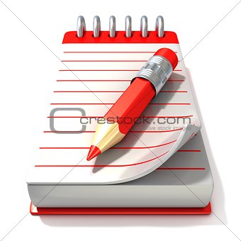 Red notepad and red pen, 3D