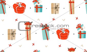 Hand drawn vector abstract fun Merry Christmas time cartoon illustrations seamless pattern with cute retro vintage Christmas gifts isolated on white background