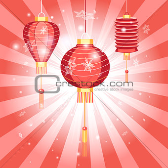 New Years bright postcard with Chinese lanterns 