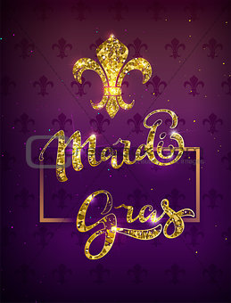 Golden lily silhouette symbol festival mardi gras. Greeting card gold text decoration