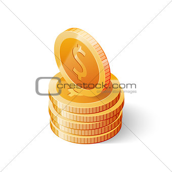 Stack of gold dollar coins isolated on white background. Isometric vector illustration