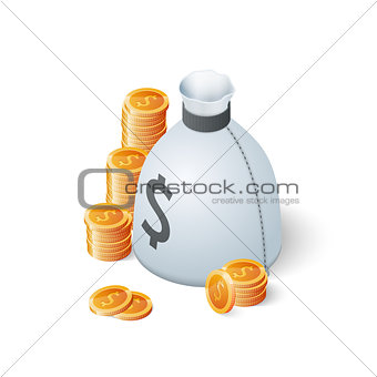 Money bag and gold dollar coins isolated on white background. Isometric vector illustration