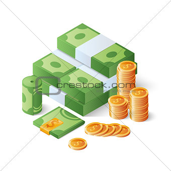 Pile of cash and gold coins. Heap of dollar bills. Big money concept. Isometric vector illustration