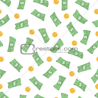 Money is a seamless pattern. Finances endless background. Dollars and coins are a repeating texture. Vector illustration.