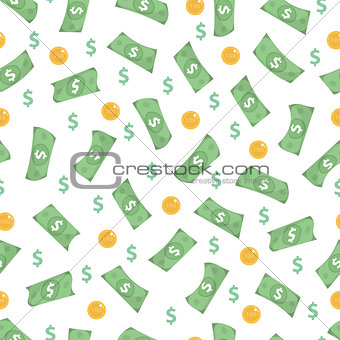 Money is a seamless pattern. Finances endless background. Dollars and coins are a repeating texture. Vector illustration.