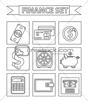 Money and Finance icons set, line style. Collection isolated on white background. Bank objects and items for Web and Mobile Application. Vector illustration, clip-art.