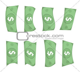 Dollars icons flat style. Money in different perspective. Isolated on white background. Vector illustration.