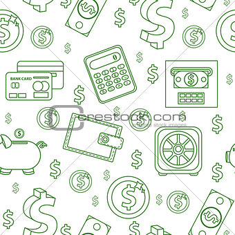 Money seamless pattern, line style. Finances endless background. Business, bank repeating texture with dollars, coins, coin box, calculator. Vector illustration.