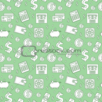 Money seamless pattern, line style. Finances endless background. Business, bank repeating texture with dollars, coins, coin box, calculator. Vector illustration.