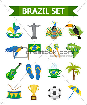 Brazilian carnival icons flat style. Brazil country travel tourism. Collection of design elements, culture symbols with toucan, parrot, rio de jeneiro monument, carnival costume. Vector illustration.