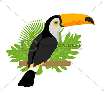 Toco toucan icon is a flat, cartoon style. Exotic bird sitting on a branch in the tropics. Isolated on white background. Vector illustration.