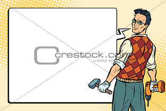 repairman, carpenter and comic bubble