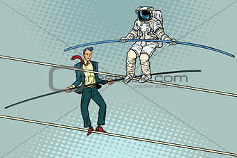 tightrope walkers acrobats businessman and astronaut