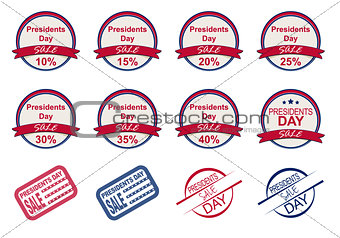 Presidents Day sale labels and stamps isolated on white.