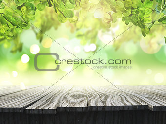 3D wooden table looking out to a defocussed sunny landscape