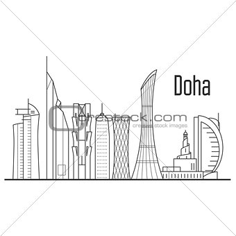 Doha city skyline - downtown cityscape, Qatar landmarks in liner
