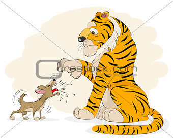 Dog barking at a tiger