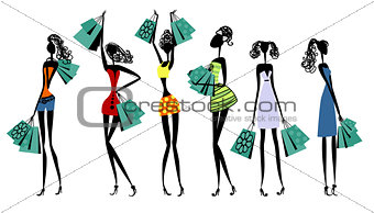 Silhouettes of women with shopping