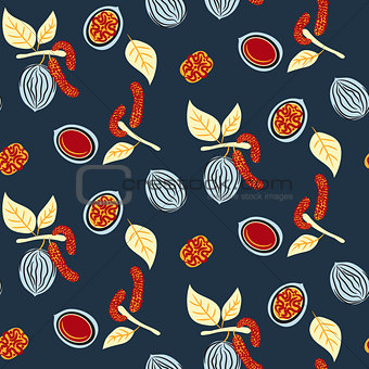 Blue and red stylized walnut vector seamless pattern.