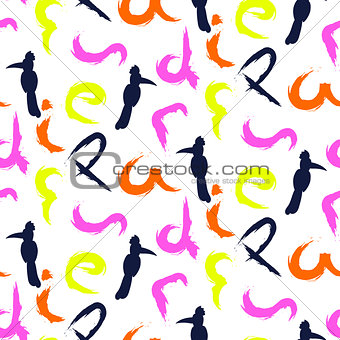 Brushed letters paradise and exotic birds seamless vector pattern.
