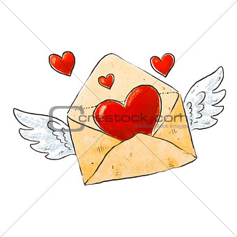 Flying envelope with love and hearts. Romantic design elements for Valentines day. Vector illustration.