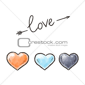 Hand drawn hearts and Love inscription. Design elements for Valentines day. Vector illustration.