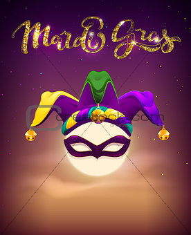 Invitation to Mardi Gras Party. Full moon, mask and clown cap symbols holiday mardi gras fatty Tuesday
