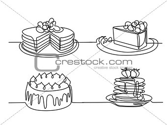 Set continuous line drawing of big cake