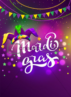 Banner for carnival mardi gras. Garland flag, handwritten text and clown cap symbol of masquerade