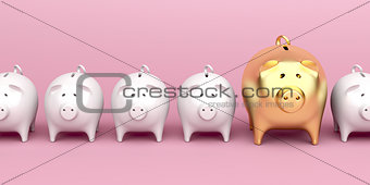 Row with piggy banks on pink background