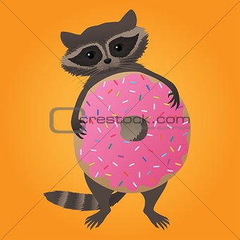 Cute little raccoon with donut