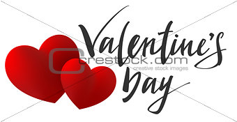 Valentines Day lettering text for greeting card. Couple red heart symbol of love