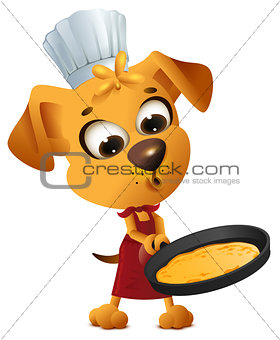 Fun yellow dog cook to make pancake in frying pan