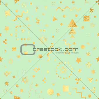 Trendy geometric elements memphis card. Seamless memphis pattern for tissue and postcards. Hipster poster, golden color background. Shiny backdrop. Vector illustration
