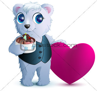 Pretty white bear holds basket ice cream and red heart symbol of love. Gift for Valentines Day