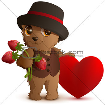 Pretty brown bear in hat holds strawberry berry and red heart symbol of love. Gift for Valentines Day