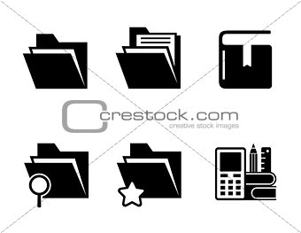 office folder, organizer and book black icons set