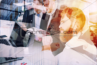 Businessmen that work together in office. Concept of teamwork and partnership. double exposure