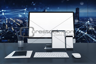 Computer, tablet and smartpone connected to internet. Concept of internet network. 3D Rendering