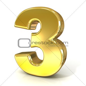 Numerical digits collection, 3 - THREE. 3D golden sign