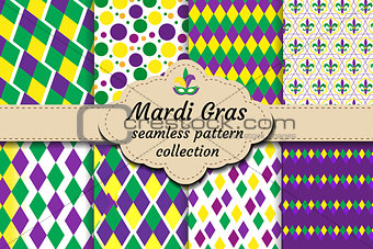 Mardi Gras set of abstract geometric pattern. Collection Purple, yellow, green rhombus repeating texture. Endless background, wallpaper, backdrop. Vector illustration.