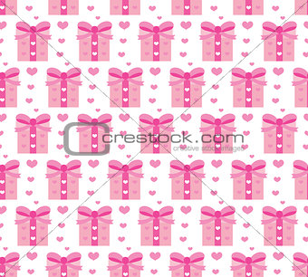 Valentines Day seamless pattern. Heart and gifts endless background. Romance, love repeating texture. Holiday wallpaper, paper, backdrop. Vector illustration.