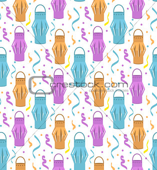 Paper lanterns seamless pattern. Festive decorations repetitive texture. Feast endless background. Vector illustration.