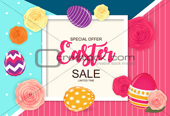 Easter Sale Cute Background with Flowers and Eggs. Vector Illustration