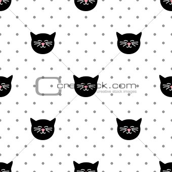 Tile  vector pattern with black cats and polka dots on white background