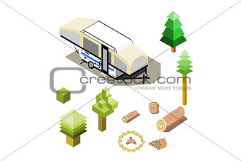 Isometric camper tow tent trailer with forest icons