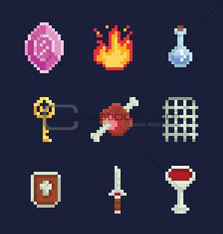 Vector pixel art illustration isons for fantasy adventure game development, gem, fire, potion, key, meat, gate, shield, sword, bowl